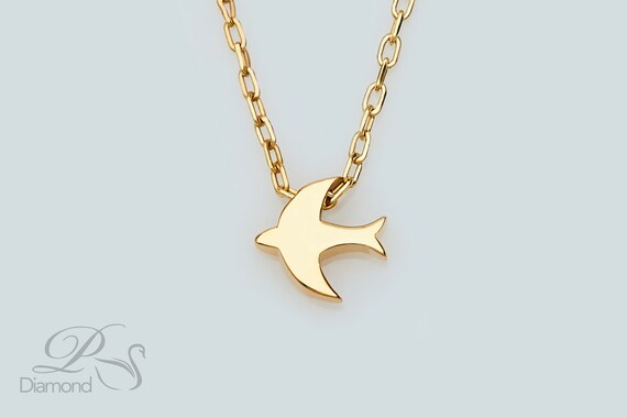 14K Gold Bird Necklace Solid Gold 