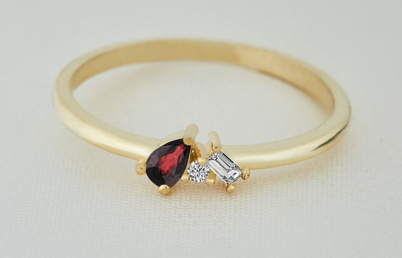 Ruby Ring 14k Natural Ruby and Diamond Ring Natural Ruby Engagement Ring with Side Baguette and Round Diamonds Valentines Gift Ring