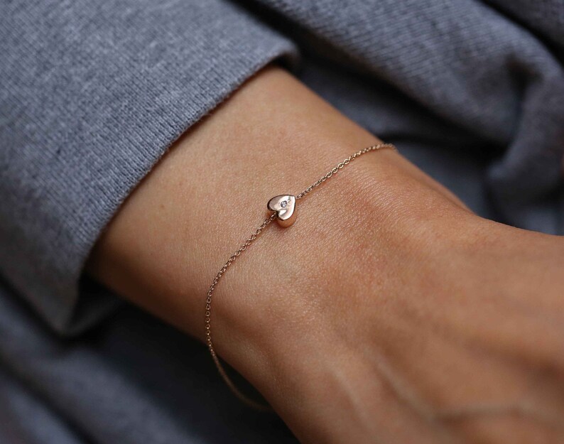 Small Heart Bracelet 14k Solid Gold Heart Diamond Dainty Diamond Heart Bracelet Heart Bracelet Bestfriend Gift Thin Heart Bracelet