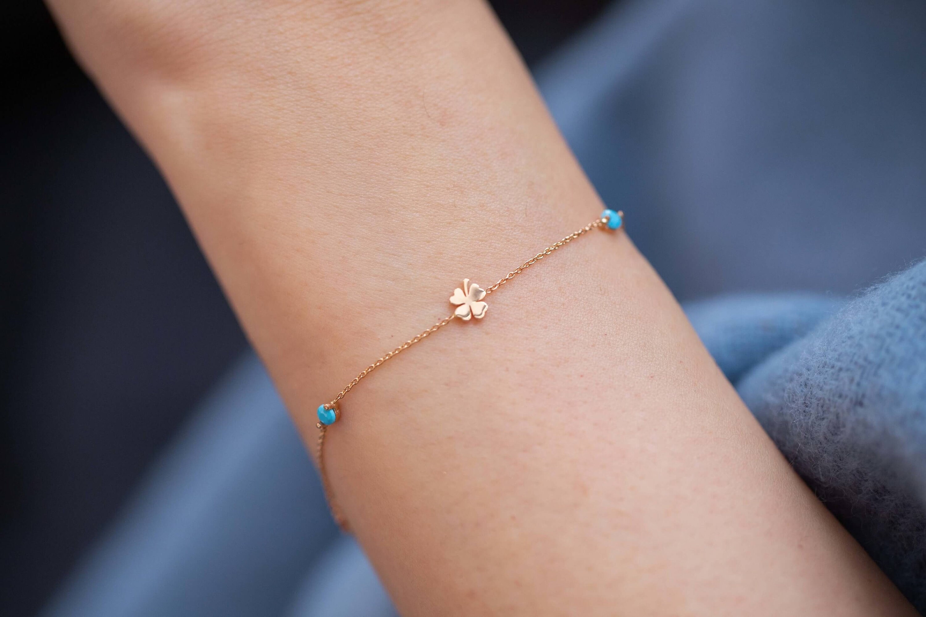 Clover Bracelet 14K Gold Blue Gemstone Clover Bracelet Gift Etsy