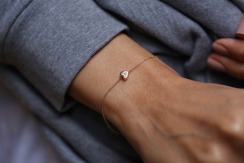 Small Heart Bracelet 14k Solid Gold Heart Diamond Dainty Diamond Heart Bracelet Heart Bracelet Bestfriend Gift Thin Heart Bracelet