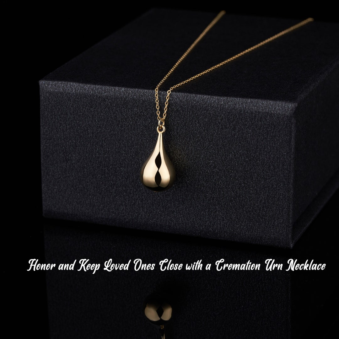 Cremation Urn Necklace 14K Real Gold Tear Drop, Dad Mom Baby Son Ashes