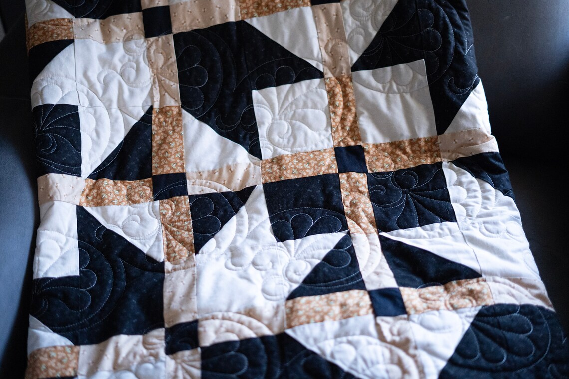 This Dynamic Queen Quilt in Blacks Whites and Golds. Etsy