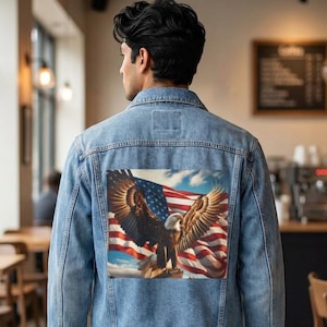 May include: Light blue denim jacket featuring a vibrant graphic of an eagle with outstretched wings against a backdrop of the American flag. The jacket has a classic design with button closures and pockets, perfect for casual wear.