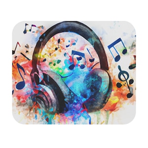 May include: A colorful watercolor painting of headphones with musical notes. The headphones are black and the notes are black on a white background. The painting is full of vibrant colors, including blue, green, yellow, orange, and red.