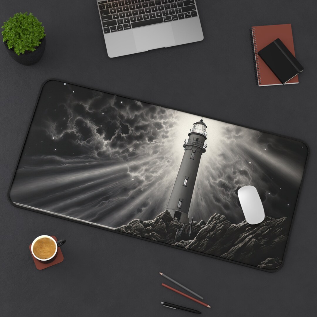 Black and White Lighthouse Desk Mat Lighthouse Office Decor Coastal