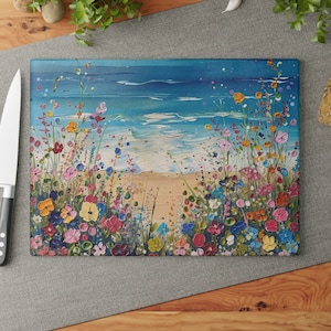 Ocean Waves Wildflowers Glass Cutting Board: Coastal Kitchen Decor