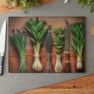 Herbs Printed Glass Cutting Board, Herb Design Kitchen Board, Culinary Decor, Chef Gift, Cooking Essential