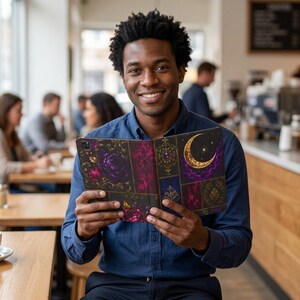 Peut inclure: Une coque de tablette présentant un design sombre à plusieurs panneaux avec des filigranes dorés, des roses violet foncé et un croissant de lune doré proéminent sur un ciel étoilé. L'étui a un fond noir avec des motifs décoratifs dorés.