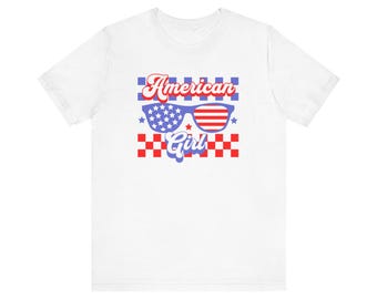 Camiseta con gafas de sol American Girl / Camiseta con bandera patriótica a cuadros