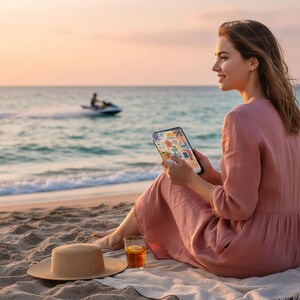 May include: A woman sits on a sandy beach, holding a tablet with a colorful, patterned design. She wears a pink dress and a straw hat rests nearby. A glass of iced tea sits on a towel. The ocean and a jet ski are in the background.