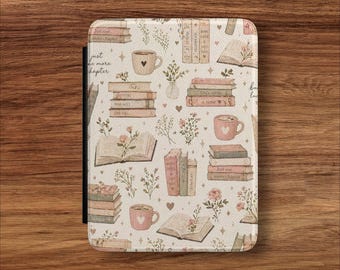 Funda para Kindle con estampado de pilas de libros acogedores / Libros florales, tazas de café