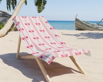 Roze strandlaken met strikpatroon | Gestreept bloemenlintontwerp