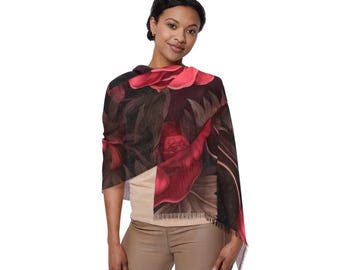Goth Dark Floral Print Lightweight Scarf, Moody Elegant Polyester Accessory
