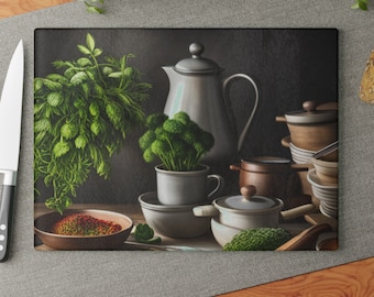 Planche à découper en verre avec impression d'herbes, planche à découper à motif d'herbes, décoration de cuisine, cadeau de chef, amateur d'herbes