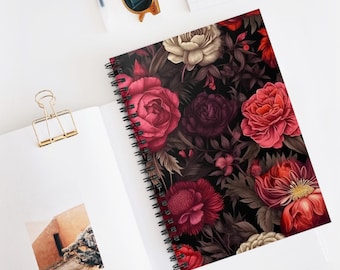 Cahier à spirales floral rose gothique foncé | Pages lignées