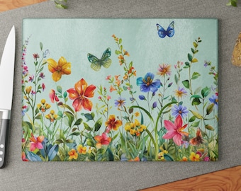 Wildflower Meadow Glass Cutting Board: Floral Kitchen Decor