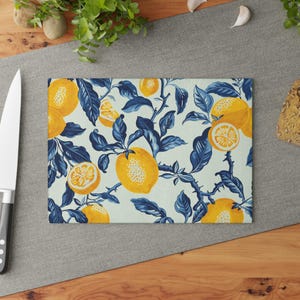 Yellow Lemon Botanical Glass Cutting Board | Citrus Fruit Kitchen Decor
