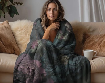 Gothic Damask Fleece Blanket | Dark Floral Botanical Throw Goth Aesthetic