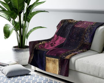 Whimsigoth Sherpa Blanket Burgundy Purple Floral Patchwork Throw