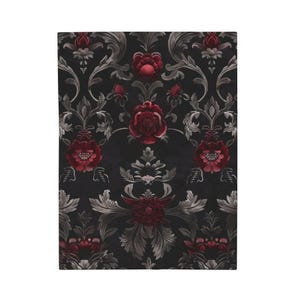 Velveteen Blanket, Gothic Damask Floral Throw, Dark Botanical Decor, Whimsical Goth Aesthetic, Plush Bedding, Cozy Gothic Home Decor,