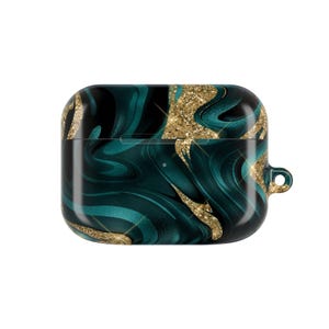 Emerald Marble with Gold Sparkles AirPod Case | Resin Swirl Pattern