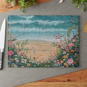 Ocean Waves & Wildflowers Glass Cutting Board: Coastal Kitchen Decor