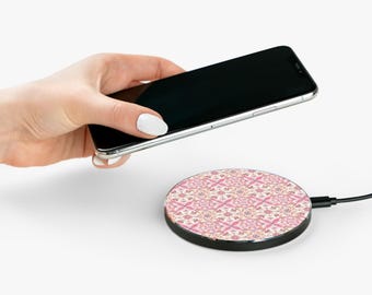 Pink Moroccan Mosaic Tile Pattern Wireless Charger | Floral Geometric Phone Charger