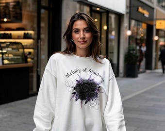 Melodie der Schatten schwarze Rose Sweatshirt mit Rundhalsausschnitt | Dunkel Blumen Botanischer Druck