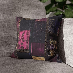 Whimsigoth Pillow Cover Vintage Goth Boho Patchwork Floral Cushion Plum Indigo Throw Pillowcase