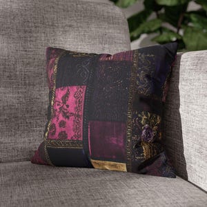 Whimsigoth Pillow Cover Vintage Goth Boho Patchwork Floral Cushion Plum Indigo Throw Pillowcase
