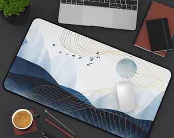 Abstract Blue Mountains Landscape Desk Mat | Minimal Wave Art
