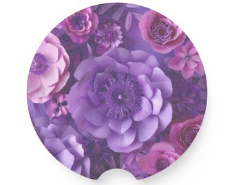 Purple Floral Soapstone Car Coaster | Absorbent Drink Holder Liner