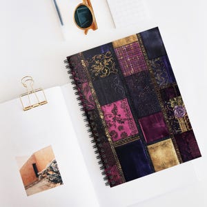 Whimsigoth Spiral Notebook Vintage Goth Boho Journal Plum Indigo Patchwork Floral Ruled Notebook