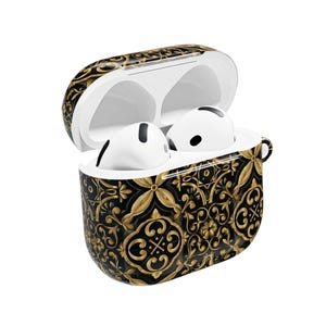 Baroque Gold Scroll AirPods Case | Black Ornate Mosaic Tile Pattern