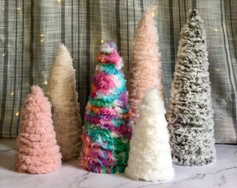 Faux Fur Christmas Tree Farmhouse Decor | Hand crochet | Knit | Christmas decor | Tiered Tray Christmas Decor | Rustic Christmas Mantle