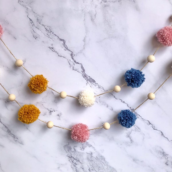 Pom Pom Garland | Wooden Beads | Yarn Pom Garland | Classroom Decor | Birthday Decorations | Party Decorations | Kids Room Decor | Playroom