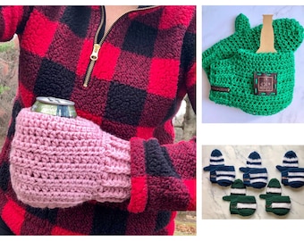 Fireside Beer Buddy Set | Custom Patch | Camping | Beer Cozie | Drink Holder | Beer Mitten Crochet Beer Mitten Tailgating - Football | Knit