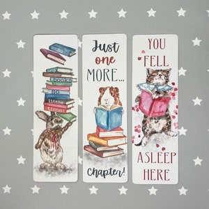 ILLUSTRATED BOOKMARKS/ printed onto thick 300gsm card/ double sided/ rounded corners/ individual or set/ Bunny, cat, guinea pig bookmarks