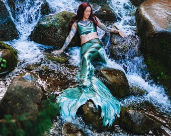 Siren Mermaid Cosplay Costume Fish Tail and Top with pearls and scale structured latex