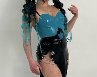 Latex Dress with Breast Cups and Two Slits Skirt and Chains