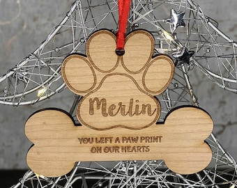 Personalised Cherry Wood Pet Dog Bone Memorial Christmas Bauble Tree Decoration Gift