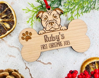 Personalised 1st Christmas, Dog Bone, Bull Terrier Dog, Pet Wooden - Christmas Tree Decoration Puppy gift