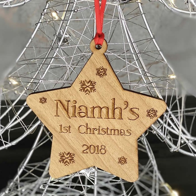 Personalised Cherry Wood Babys First Christmas Star Tree Decoration Bauble Gift