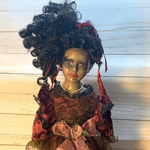 OOAK Creepy Horror Doll 20” Black Red Victorian porcelain, Dead Doll, Halloween