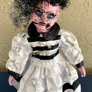 OOAK Creepy Horror Doll  15” Black & White Halloween Dead Doll