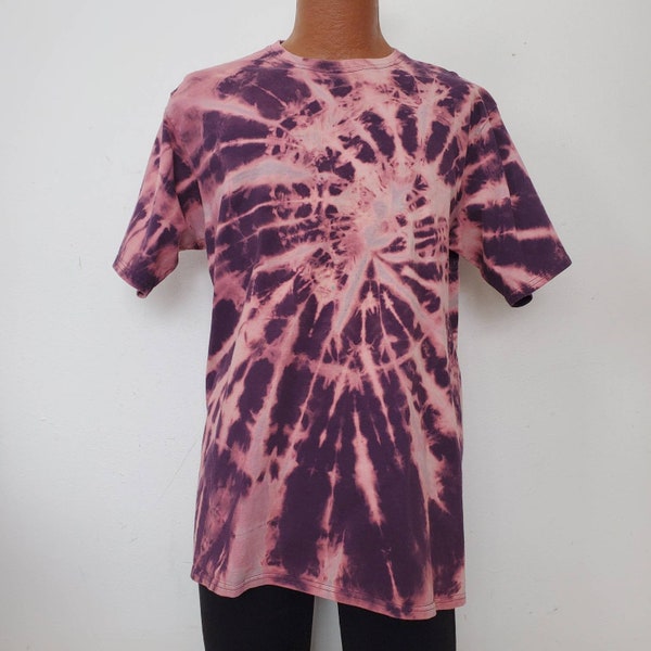 Bleach tie dye t-shirt. Reverse tie dye. Eggplant purple and salmon pink. Size Large Tall (LT).