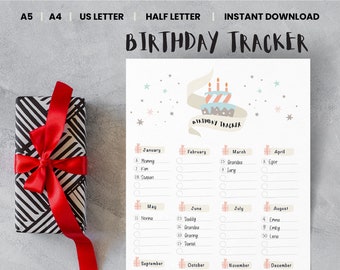 Birthday Tracker Geburtstagskalender Jubiläumskalender Bullet Journal PDF druckbare Geburtstagsplaner Digitaler Download Geburtstagskalender Seite