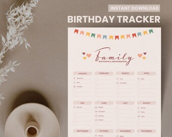 Boho Birthday Tracker Geburtstagskalender Jubiläumskalender Bullet Journal PDF druckbare Geburtstagsplaner Digitaler Download Geburtstagskalender