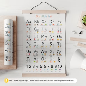 May include: A colorful alphabet chart with the German title "Das Alphabet" and corresponding illustrations for each letter. The chart is displayed on a wooden frame and includes numbers 1-10. A rolled-up matching poster is visible.